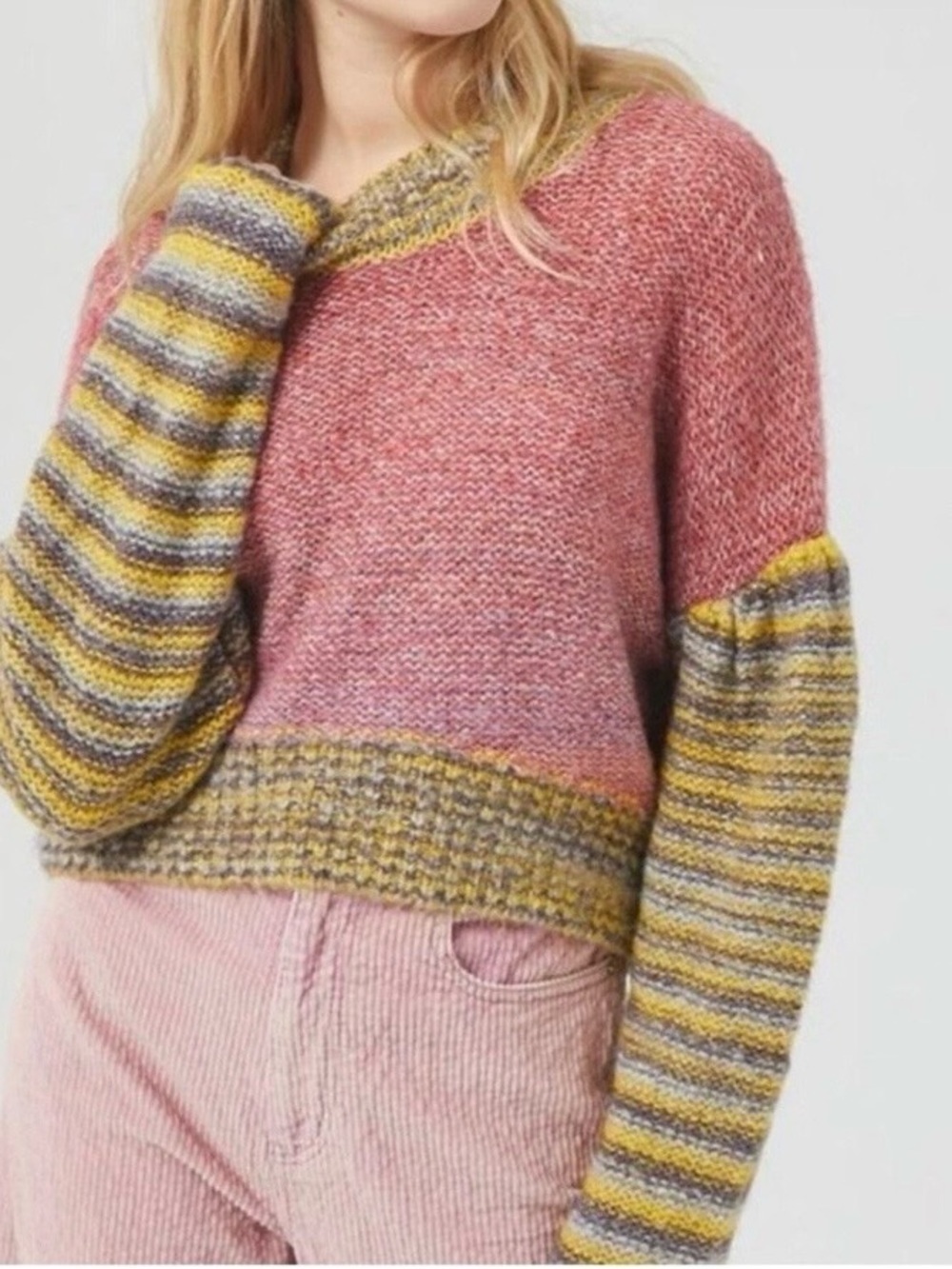 Urban Outfitters Lennon Cropped Sweater Womens S Striped Balloon Sleeve Cozy